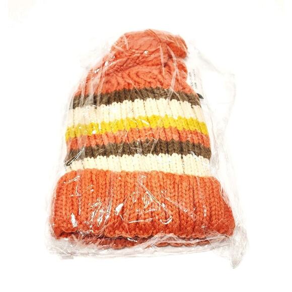 T&T Orange & Beige Knitted Unisex Striped Fleece Warm Fur Lined Pom Beanie Hat - Picture 3 of 5